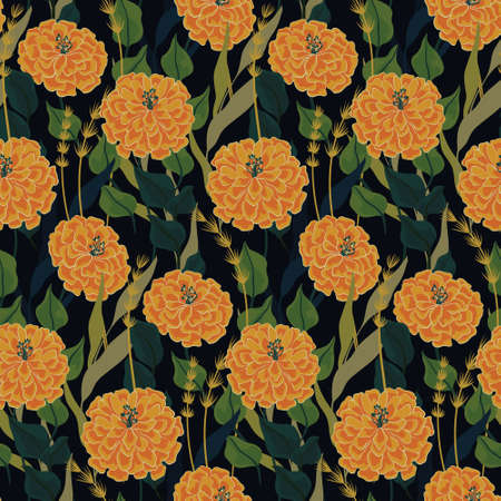 Floral pattern with sketchy wildflowers. Seamless pattern with yellow flowers, various leaves and herbs. Vector repeating background.のイラスト素材