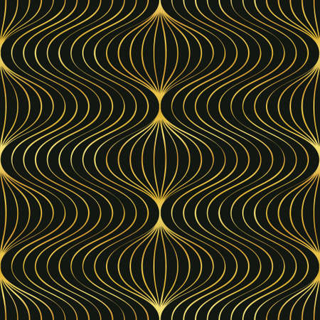 Seamless pattern with gold lines on a black background. Geometric pattern of curved lines. Vector illustration.のイラスト素材