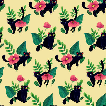 Seamless pattern with animals and plants. Small groups of flowers, leaves, and small black cats in various poses are scattered across the pattern field. Vector.のイラスト素材