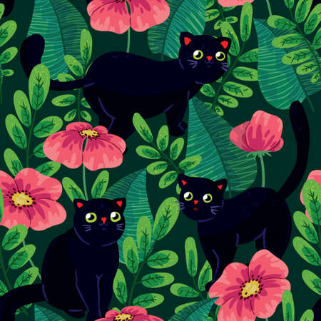 Cute baby print with walking cats. Seamless pattern with black kittens hiding among flowers and leaves. Colorful vector illustration.のイラスト素材
