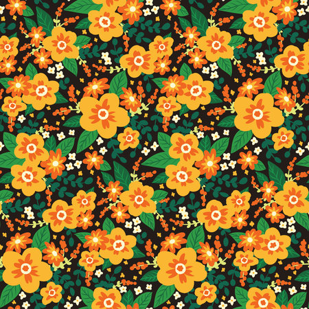 Seamless print with simple floral bouquets. Floral pattern with cute little flowers, leaves on a dark background. Meadow background with childish design. Vector.のイラスト素材