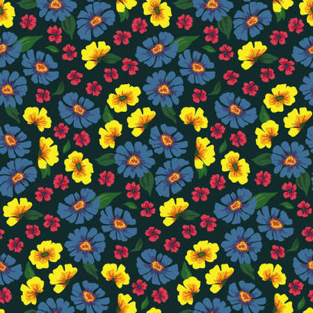 Seamless floral pattern with large flower heads. Dense flower cover, flowering meadow with various plants. Vector illustration.のイラスト素材