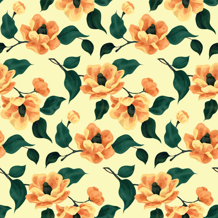 Delicate floral print with large flowers, seamless pattern. Peach buds on branches, lush foliage on...
