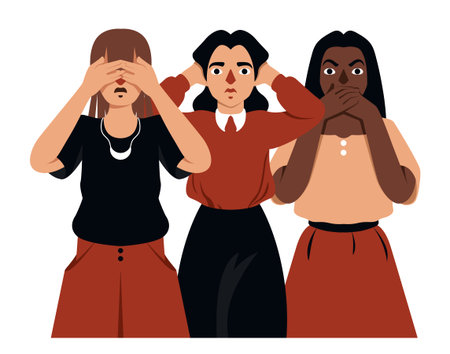 Do not see or hear evil, do not talk about it. Three young women, one has her eyes closed, the other has her ears, the third has her mouth. Isolated image on a white background. Vector.のイラスト素材