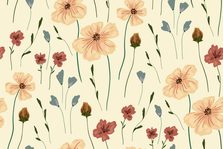Seamless pattern with simple delicate flowers on a light background. Spring floral print, romantic...