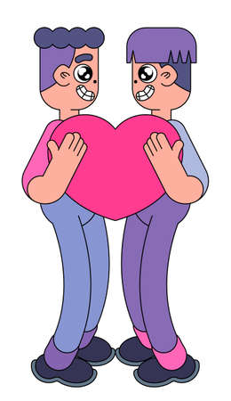 A young homosexual couple in love. Isolated image of two men holding a heart. Two cartoon characters with a heart on a white background. Vector illustration for Valentine's day.のイラスト素材