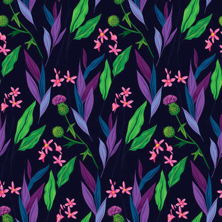 Seamless pattern with thistle flowers, other wild flowers, herbs and leaves. Floral pattern on a dark background. Vector.のイラスト素材