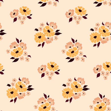 Seamless pattern with artistic flowers. Floral print with small bouquets of simple plants. Vector illustration.のイラスト素材