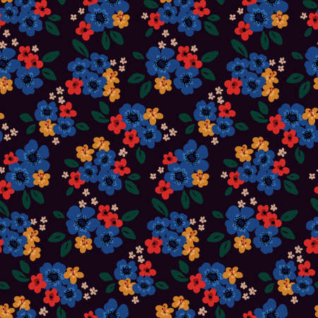 Seamless pattern with bouquets of small flowers, leaves. Liberty floral print with various painted flowers, leaves on a dark background. Vector illustration.のイラスト素材