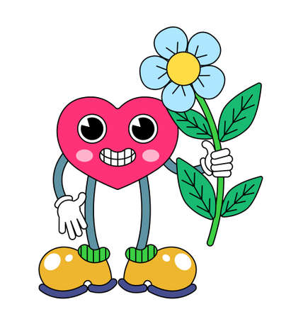 Isolated image of a heart holding a flower in its hands. Male character in heart shape in retro cartoon style isolated on white background. Vector illustration.のイラスト素材