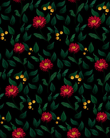 Floral seamless pattern on a dark background, imitation of watercolor, vector. Lush aster buds, small yellow flowers and luscious foliage are loosely positioned along the pattern field.のイラスト素材