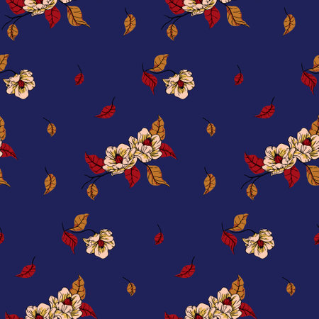 Vintage seamless pattern with autumn plants. Line art. Composition of white flowers with open buds and falling leaves. Vector illustration.のイラスト素材