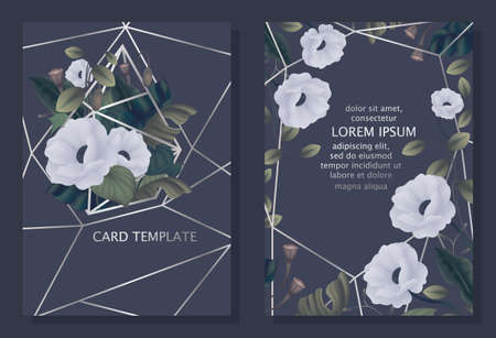 Dark floral design wedding invitation. Light blue flowers, foliage in geometric form. Dark blue background, silver frame.のイラスト素材