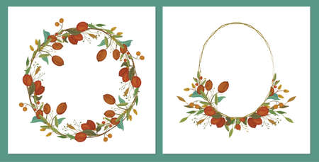 Template of wedding invitation, greeting card. Autumn wreath: leaves, twigs, berries, dog rose. Set.のイラスト素材