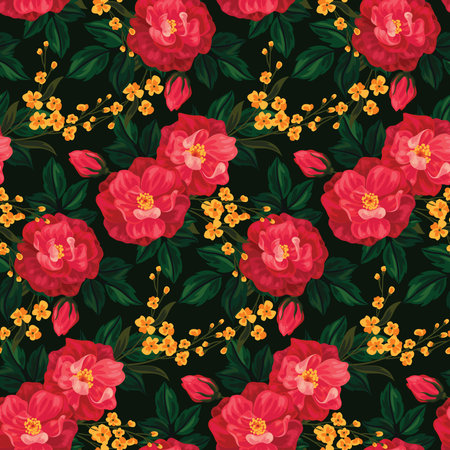 Seamless pattern with large pink rosehip flowers, leaves, twigs. Ornate floral print with watercolor...