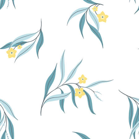 Feminine floral pattern with falling twigs. Composition of small flowers with blue leaves on the branches. Seamless pattern with winter flowers in cold colors. Vector.のイラスト素材