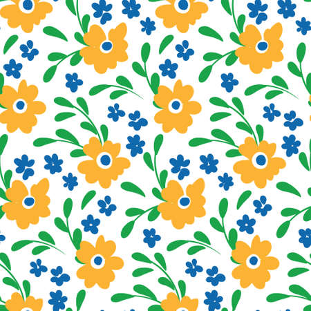 Seamless pattern with flowers in folk style. Liberty composition of simple hand drawn yellow and blue flowers, leaves on a white. Simple floral print design, botanical background. Vector illustration.のイラスト素材