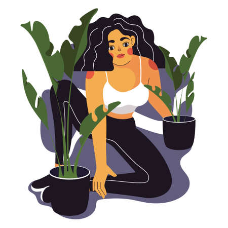 A young woman is sitting among the home plants. Attractive girl next to pots of plants, large leaves. Vector illustration isolated on white background.のイラスト素材