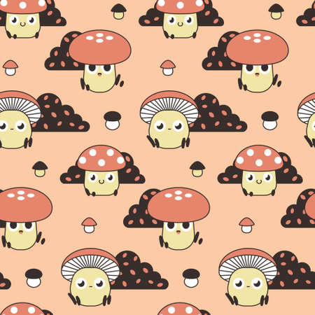 Seamless pattern with cute mushrooms in pink colors. Childish print with characters of mushrooms, bushes, leaves and small fungi on a pink field. Design for kids. Vector.のイラスト素材