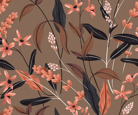 Seamless pattern with dry flowers. Vintage floral pattern with various plants, hand-drawn flowers, twigs and leaves. Old-fashioned design, natural colors, vector.のイラスト素材