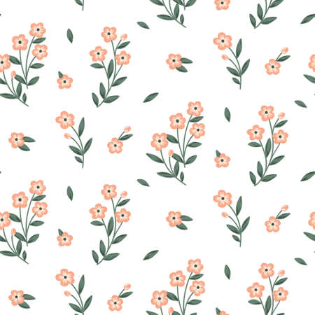 Seamless pattern with small pink flowers on a white background. Floral pattern with simple cute design. Vector illustration.のイラスト素材