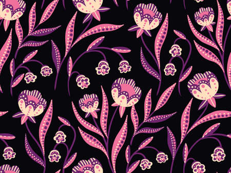 Floral pattern with decorative flowers, branches, leaves, field plants on a black background. Seamless pattern, botanical backdrop with wildflowers. Vector illustration.のイラスト素材