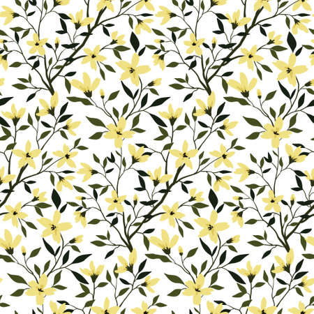 Seamless pattern with floral branches, small flowers and leaves on a white background. Vintage floral print, elegant botanical background with hand drawn plants. Vector illustration.のイラスト素材
