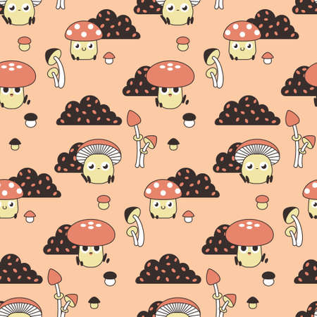 Seamless pattern with retro mushrooms. Cute childish background with cartoon mushrooms, leaves and bushes. Kids print with fungi in pink colors. Vector illustration.のイラスト素材