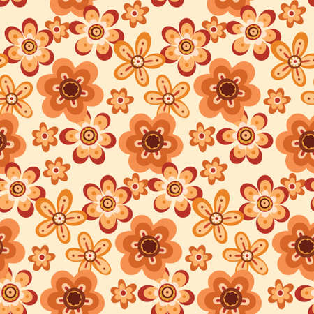 Cute floral print with plants in retro hippie style. Seamless pattern, romantic botanical background with decorative flower buds in pastel colors. Vector illustration.のイラスト素材