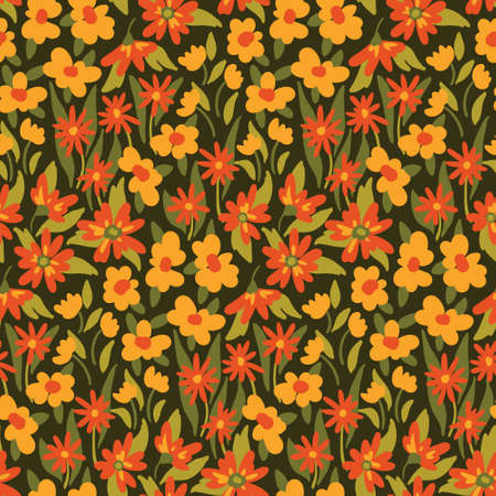 Seamless pattern with autumn floral meadow. Floral print with small yellow and red flowers, leaves and blades of grass on a dark green background. Vector illustration.のイラスト素材