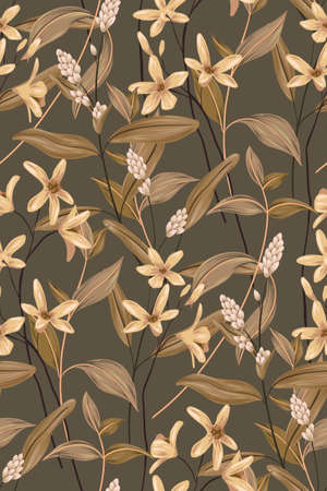Floral pattern in natural colors. Seamless pattern with delicate small flowers, various wild herbs and leaves. Vintage design for a variety of surfaces. Vector botanical illustration.のイラスト素材