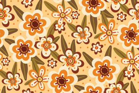 Romantic floral print, seamless pattern with folk motifs. Decorative botanical background with flowers, leaves on a beige field. Vector illustration.のイラスト素材