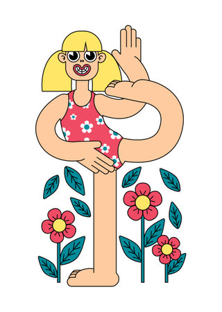 A young woman practices yoga among flowers and leaves. Image of a smiling woman in a difficult asana on a white background. Vector illustration with retro cartoon design.のイラスト素材