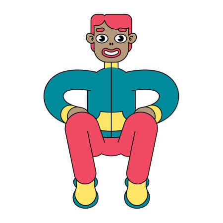 Isolated image of a black sportsman performing squats. A young man performs a sports exercise, is engaged in exercises on a white background. Vector.のイラスト素材