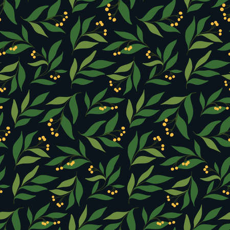 Seamless pattern with twigs on a dark background. A loose arrangement of twigs with large fresh foliage and small berries. Simple floral print with hand-drawn plants. Vector.のイラスト素材