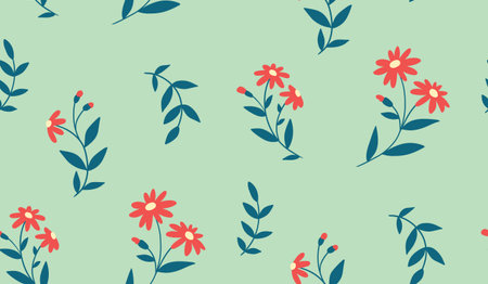 Floral pattern with painted red flowers. Abstract background with small flowers on stems, leaves....