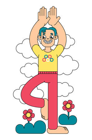 A man practices yoga in nature. A cartoon character in a tracksuit is doing yoga. Isolated image on a white background. Vector illustration in retro design.のイラスト素材