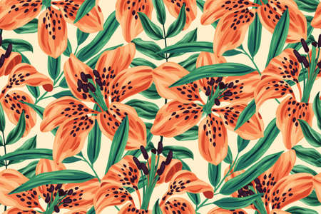 A tropical floral pattern with large tiger lily buds and lush foliage. Seamless pattern with exotic flowers and leaves. A dense flower arrangement on a white background. Vector illustration.のイラスト素材