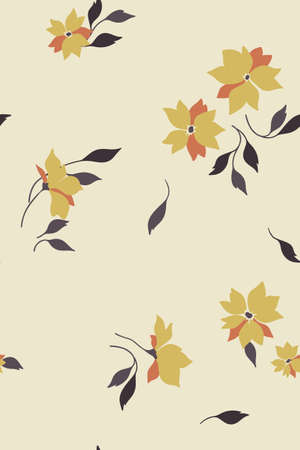 Vintage floral print with small bouquets of yellow flowers and dark leaves. Seamless pattern with dry autumn plants. Light background. Vector.のイラスト素材
