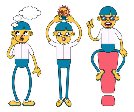 A set of images of a person with various symbols related to finding information, solving problems,...