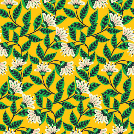 Seamless pattern with decorative flower vine. Bright green leaves, simple decorative flowers on a yellow background. Modern floral print design, botanical background. Vector.のイラスト素材