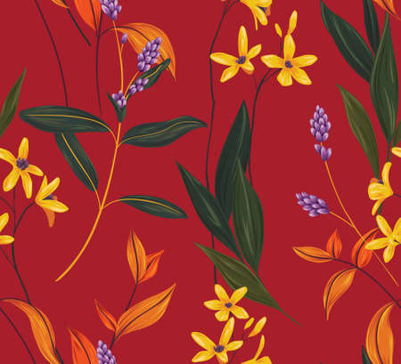 Vibrant floral print in vintage style. Seamless pattern with various wildflowers, leaves and herbs. Botanical background in vector.のイラスト素材
