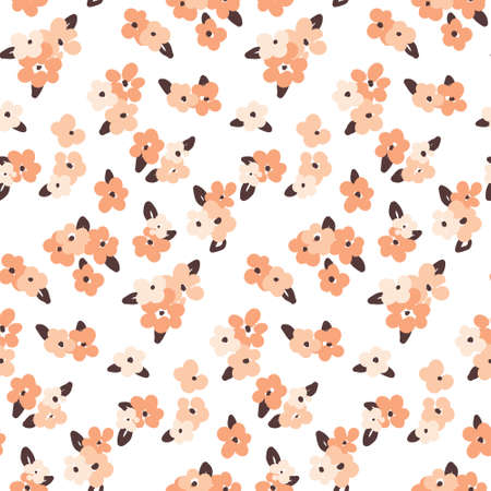 Seamless pattern with small pink flowers, dark leaves on a white background. Cute feminine floral print with small flower heads. Modern floral background. Vector design for various surfaces.のイラスト素材
