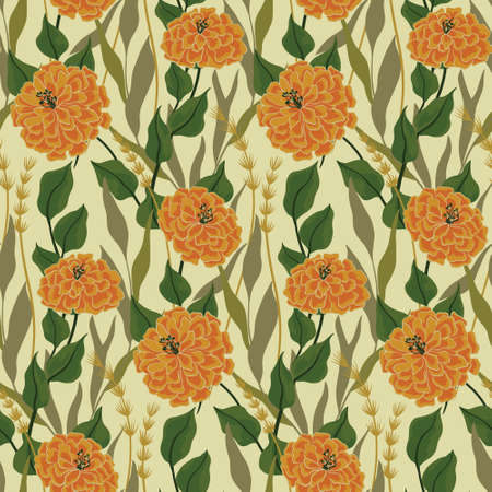 Vintage botanical background with yellow zinnia. Seamless pattern with flowers and herbs, floral pattern with autumn mood. Vector illustration.のイラスト素材