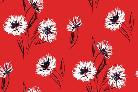 Seamless floral pattern in sketch style. Free composition with white flowers, lush buds, leaves on a red background. Elegant botanical print. Vector illustration.のイラスト素材