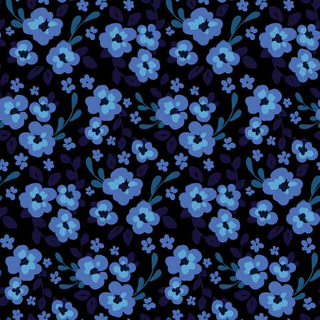 Seamless pattern, dark meadow surface with blue decorative flowers. Traditional floral background, botanical print with small hand drawn plants, flowers, leaves. Vector illustration.のイラスト素材