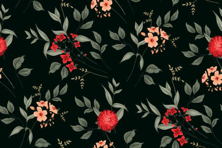 Seamless pattern with vintage bouquets of realistic flowers and leaves. Floral print with aster flowers, small red and pink flowers on twigs. Dark botanical background. Imitation of watercolor, vectorのイラスト素材
