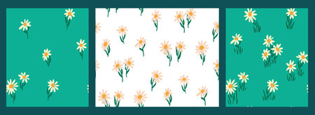 Set of seamless patterns with daisies. Simple floral background design, spring print with cute hand...
