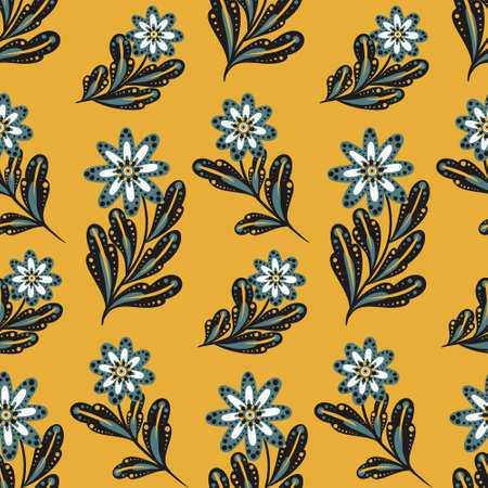 Seamless pattern with decorative plants in ethnic style. Stylish floral print, botanical background with geometric flowers, painted leaves. Vector illustration.のイラスト素材