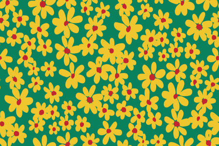 Retro floral pattern with simple yellow daisies on a green background. Seamless pattern, trendy...